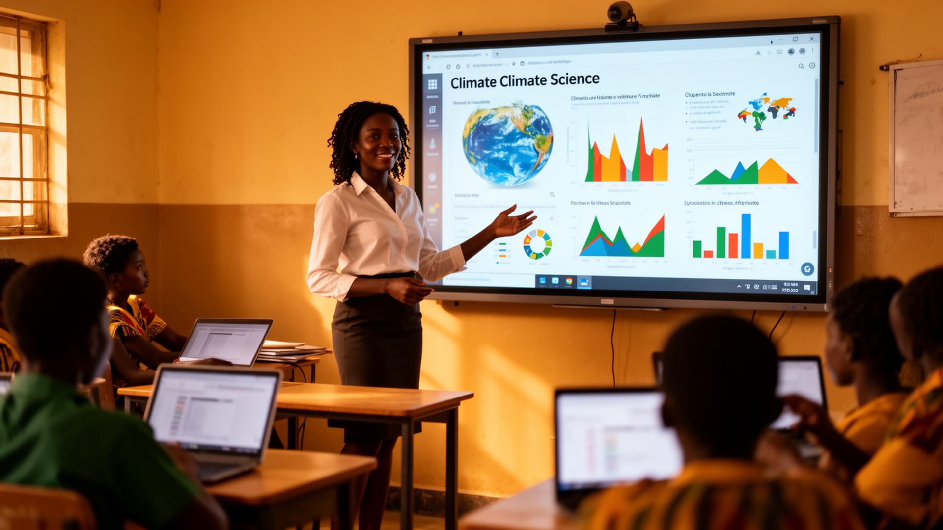 Teacher presenting climate science on an interactive display